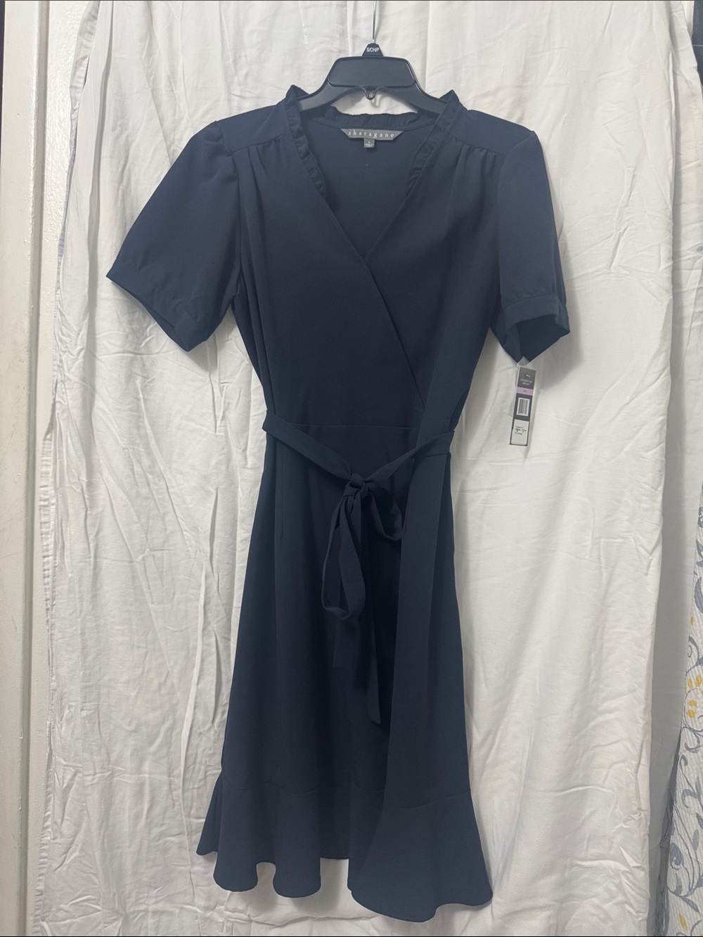 Sharagano Navy Faux-Wrap Midi Dress with Tie